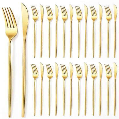 100 Pcs Gold Forks and Knives Cutlery Set Stainless Steel Steak Knives Forks Flatware Royal Silverware Set for Wedding Party Restaurant Dishwasher Safe