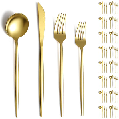 Evanda Gold Silverware Set 60 Piece Service for 20, Titanium Gold Plated Stainless Steel Flatware Set, Knives Forks Spoons Cutlery Set for Wedding, Parties, Birthday, Restauroom, Dishwasher Safe