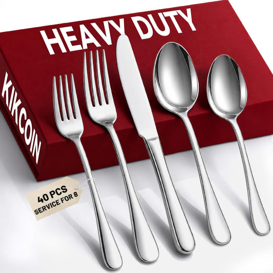 KIKCOIN 40 Pack Silverware Set for 8, Food-Grade Stainless Steel Flatware Set, Heavy Duty Mirror Polished Cutlery Utensils Set with Knives Spoons and Forks Set for Home Kitchen Restaurant Wedding