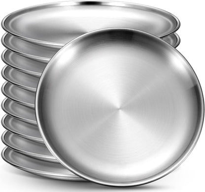 Honeydak 10 Pcs Stainless Steel Plates 8 Inch 304 Metal Dinner Plates Unbreakable Dish Camping Plate Reusable 18/8 Silver Round Plate Non Toxic Dishwasher Safe Double Layers Serving Salad Dessert
