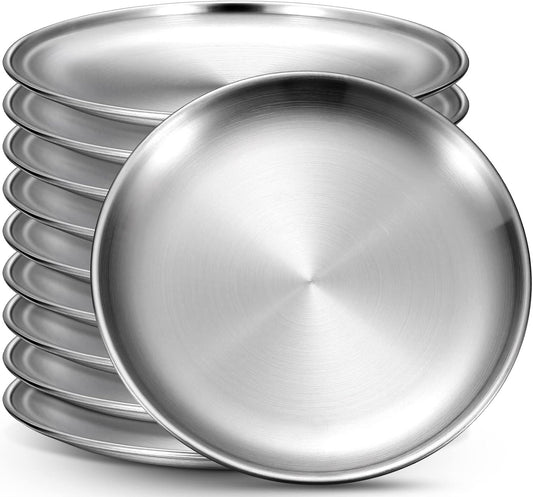 Honeydak 10 Pcs Stainless Steel Plates 8 Inch 304 Metal Dinner Plates Unbreakable Dish Camping Plate Reusable 18/8 Silver Round Plate Non Toxic Dishwasher Safe Double Layers Serving Salad Dessert