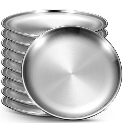Honeydak 10 Pcs Stainless Steel Plates 8 Inch 304 Metal Dinner Plates Unbreakable Dish Camping Plate Reusable 18/8 Silver Round Plate Non Toxic Dishwasher Safe Double Layers Serving Salad Dessert