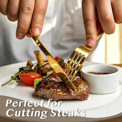 100 Pcs Stainless Steel Set Include 50 Dinner Forks and 50 Steak Knives Metal Butter Knives Forks Flatware Tableware Cutlery Set for Home Restaurant Wedding Parties Kitchen Gold
