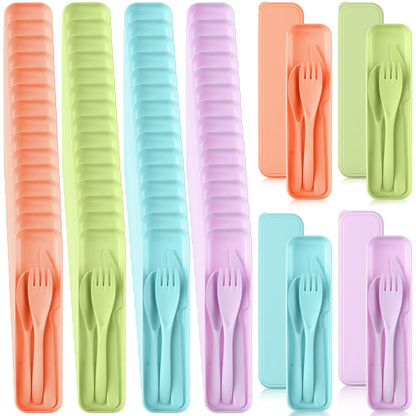 Jinei Reusable Travel Utensils Set Wheat Straw with Case,Bright | Portable Cutlery for Kids Adults, Eco-friendly Flatware for Camping Lunch School, 3-piece Spoon Fork Knife, Storage Case