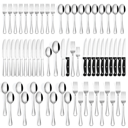 Quatish 36 Piece Silverware Set with Steak Knives, Cutlery Utensil Sets for 6, Food-Grade Stainless Steel Flatware Sets, Kitchen Utensils Set for Home Restaurant Hotel, Mirror Finished, Silver