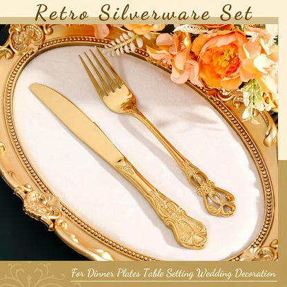 100 Pcs Forks and Knives Cutlery Set Stainless Steel Steak Knives Forks Flatware Royal Silverware Set for Wedding Party Restaurant Dishwasher Safe (Gold)