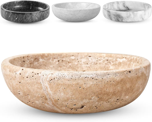FNTSTICGOODS Travertine Decorative Bowl - 7.8” Diameter & 2” Height - Key Bowl for Entryway Table - Travertine - Organic Modern Centerpiece - Beige/Natural