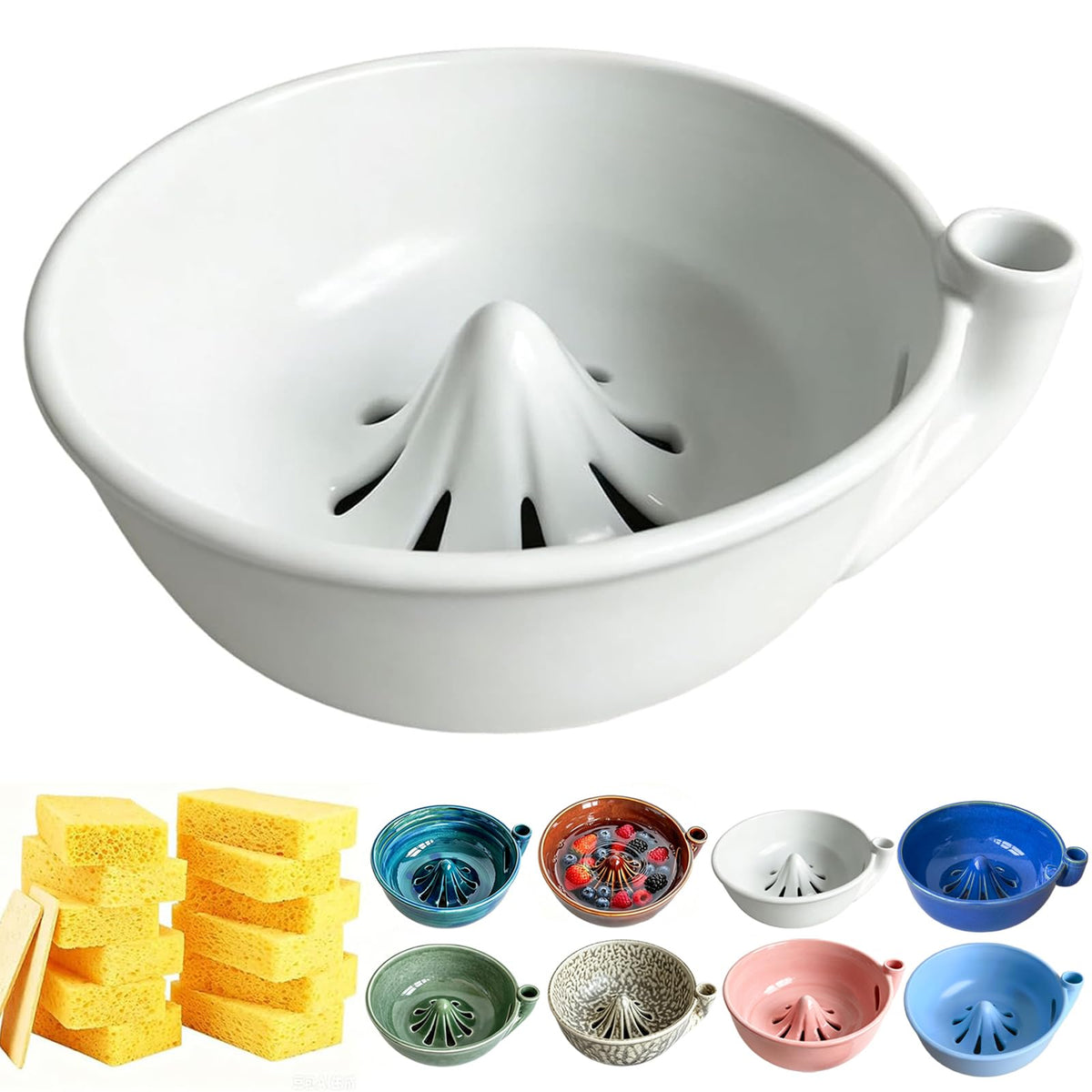 Self Spinning Ceramic Berry Washing Bowl with Drain Holes, 7'' Kitchen Fruit Washer Spinner Bowl with 10pcs Sponges，Blue