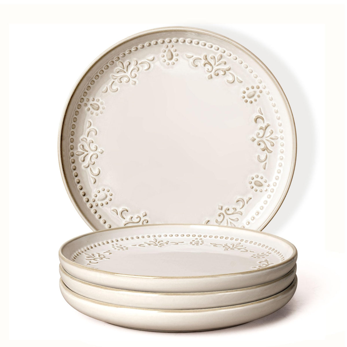 Large Ceramic Dinner Plates Set Of 4, 10.75 Inch Embossed Kitchen Salad Plates, Modern Serving Plates For Restaurant, Plates With Lipped Edges, Microwave Dishwasher Safe (Multiple Patterns)