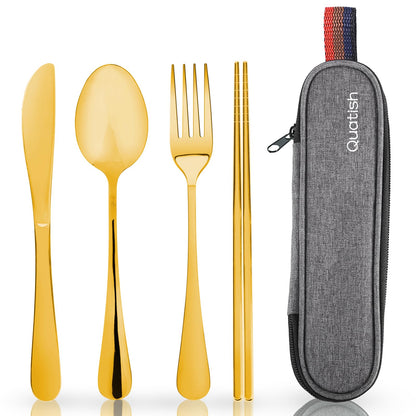 Travel Utensils with Case, Quatish Portable Silverware Set for Work, Stainless Steel Reusable Travel Cutlery Set, Fork and Spoon Set for Camping, Picnic, Gadgets, Lunch Box for Men, Black