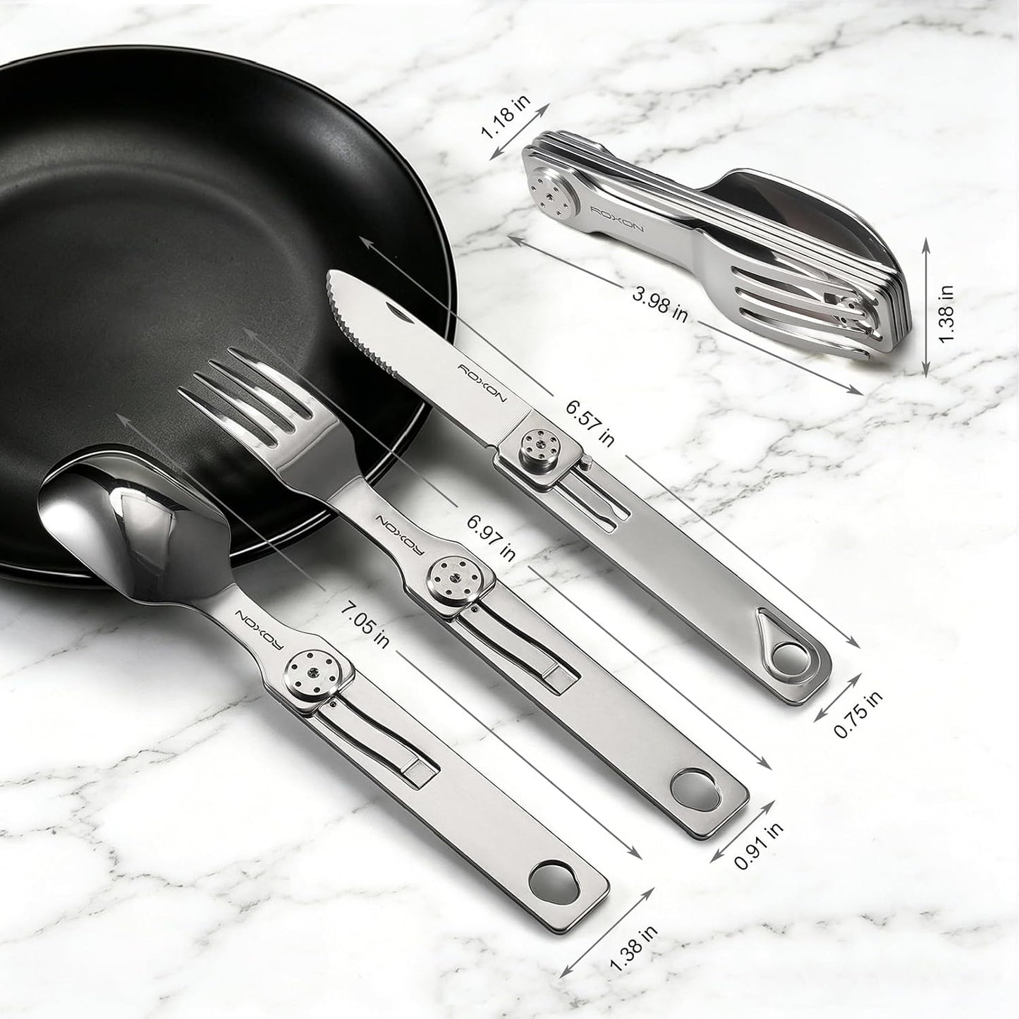 ROXON 3-in-1 Knife Spoons Fork Camping Utensils Set with Case | Magnetic Folding, Stainless Steel Cutlery, EDC Portable Lightweight Silverware,For Hiking Backpacking Travel Lunchbox Outdoor