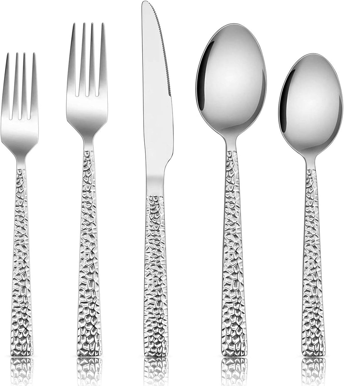 E-far Hammered Silverware Set for 8, 40 Pcs Stainless Steel Flatware Set | Includes Forks/Spoons/Dinner Knives, Cutlery Set for Home, Party, Wedding, Mirror Polished & Dishwasher Safe