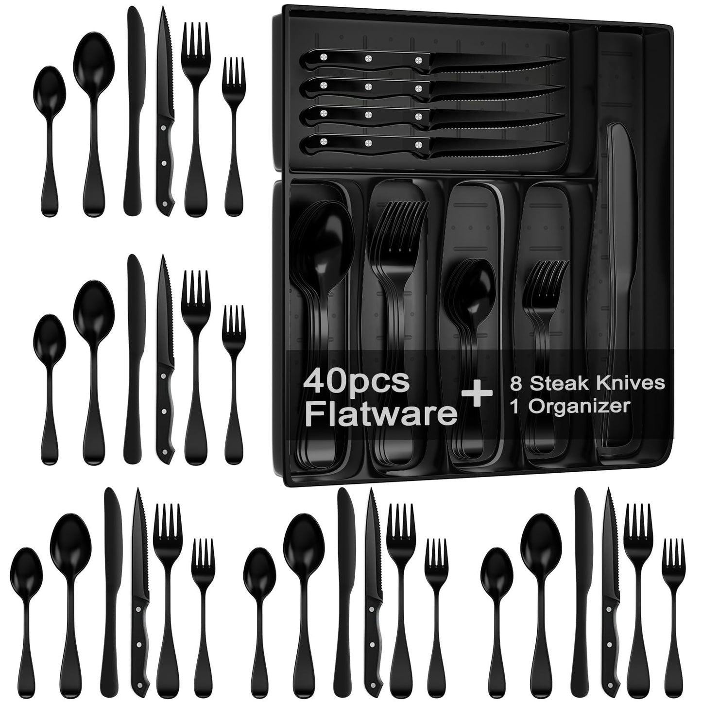 49-Piece Silverware Set with Organizer, Stainless Steel Flatware Utensils Set for 8, Forks and Spoons Silverware Set Cutlery Set with Steak Knives, Dishwasher Safe