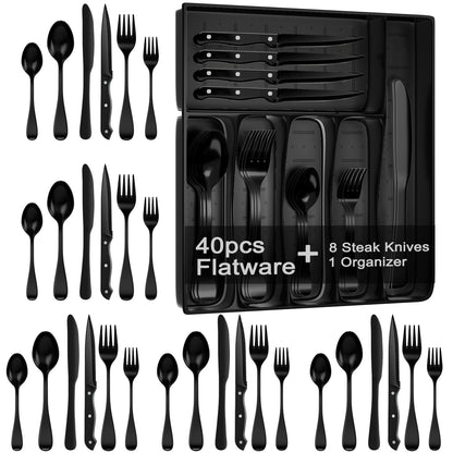49-Piece Silverware Set with Organizer, Stainless Steel Flatware Utensils Set for 8, Forks and Spoons Silverware Set Cutlery Set with Steak Knives, Dishwasher Safe