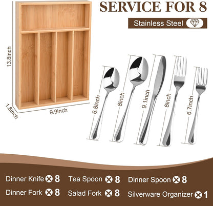 40 Piece Silverware Set with Drawer Organizer for 8, Heavy Duty Stainless Steel Flatware Cutlery Set, Fork Spoon Knife Set with Kitchen Essentials Organizer, Rust-proof, Dishwasher Safe