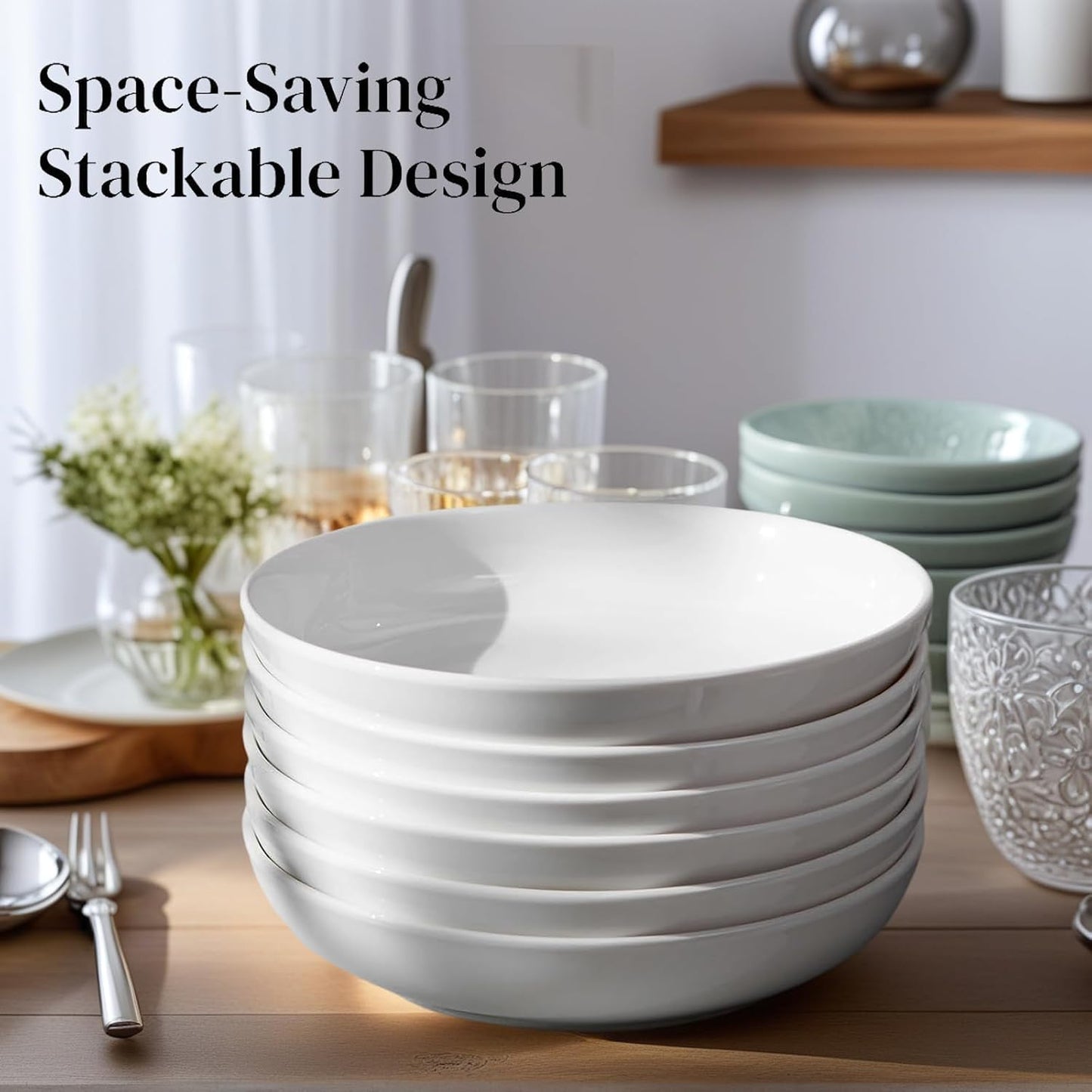 DeeCoo 7 Pack Porcelain Pasta Bowls Ceramic , Large Serving Bowl, Wide and Shallow, Set 8.3 Inch - 30 Ounce - for Pasta, Salad, Cereal, Soup & Microwave & Dishwasher Safe