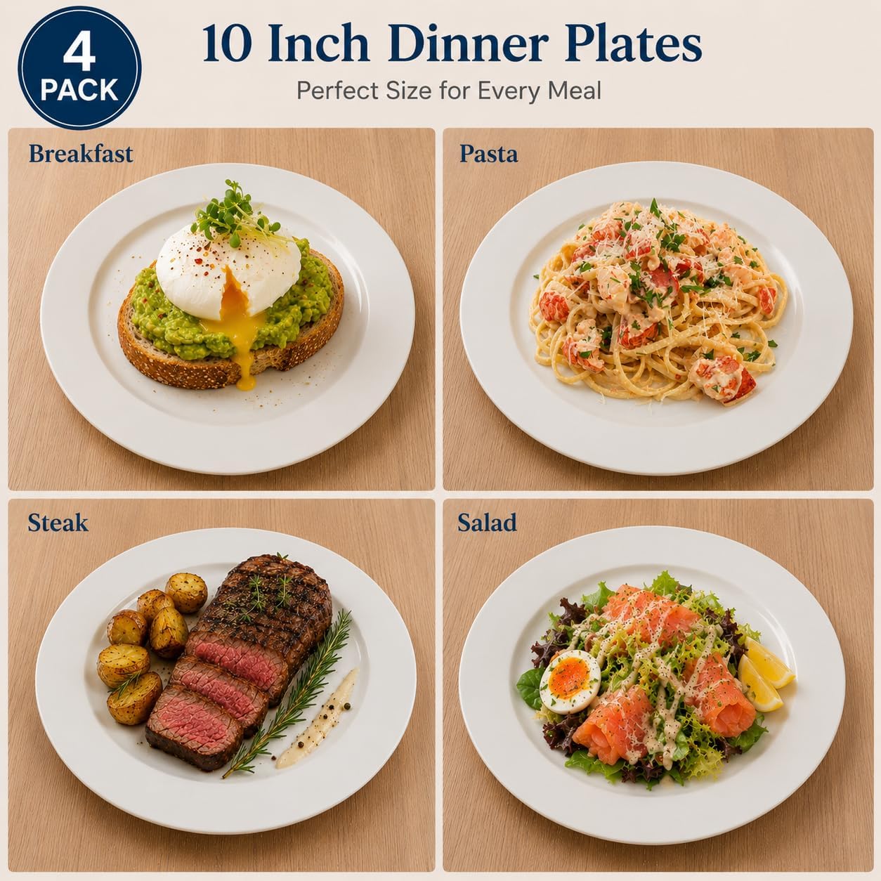 White Ceramic Dinner Plates Set of 4, 10 Inch Porcelain Dinner Plates for Salad, Pasta, and Steak – Microwave and Dishwasher Safe Dinnerware