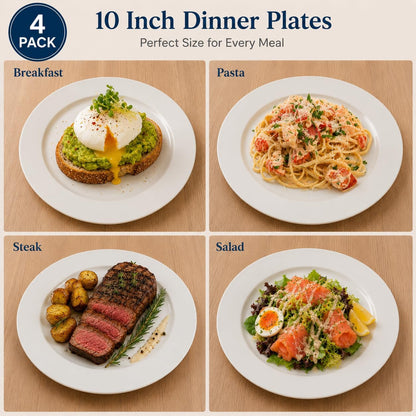 White Ceramic Dinner Plates Set of 4, 10 Inch Porcelain Dinner Plates for Salad, Pasta, and Steak – Microwave and Dishwasher Safe Dinnerware