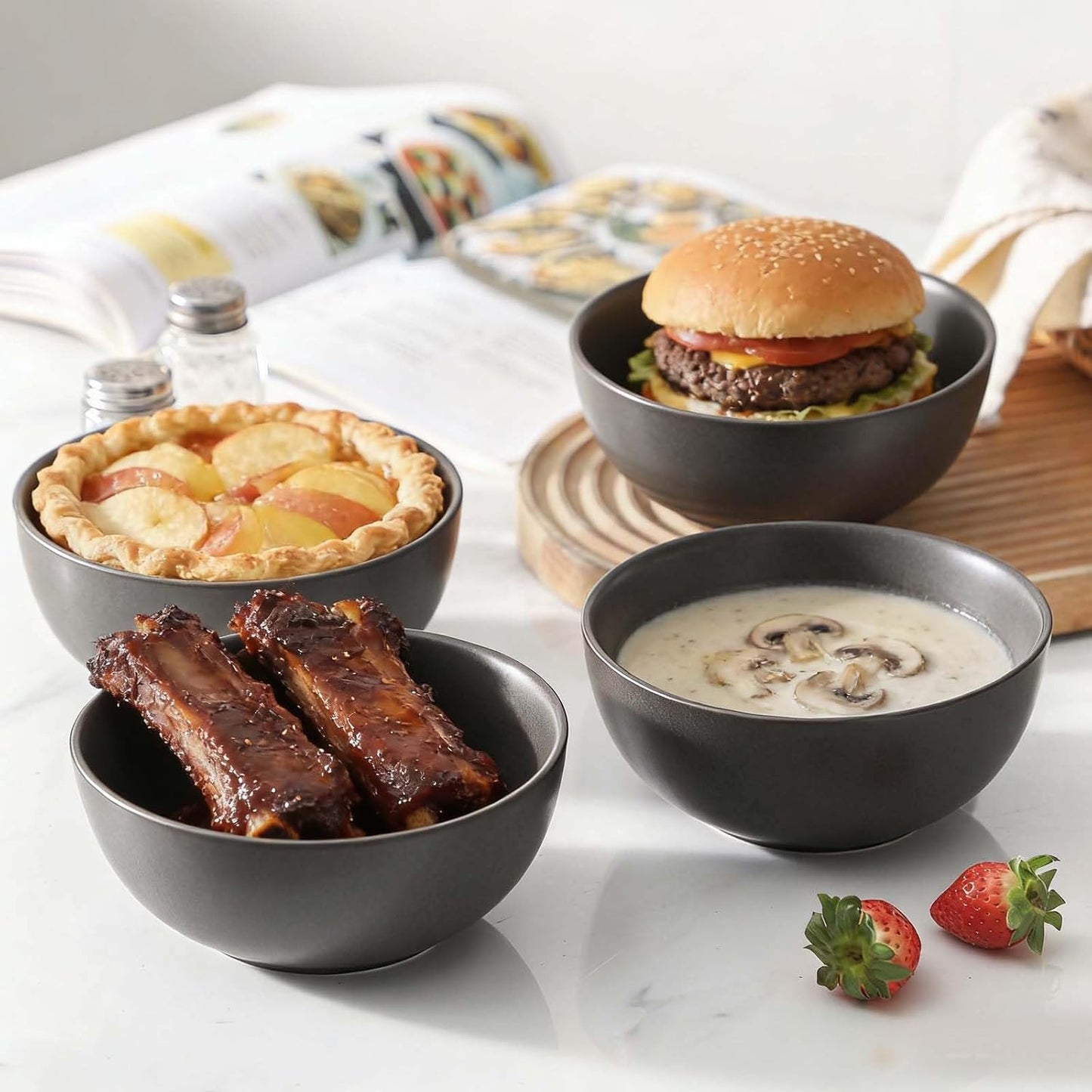 Cereal Bowls, 24 oz Soup Bowls Set of 4, Ceramic Bowls Set for Salad, Fruit, Breakfast, Dessert, Stoneware Bowls for Kitchen, Dishwasher & Microwave Safe, Matte Black