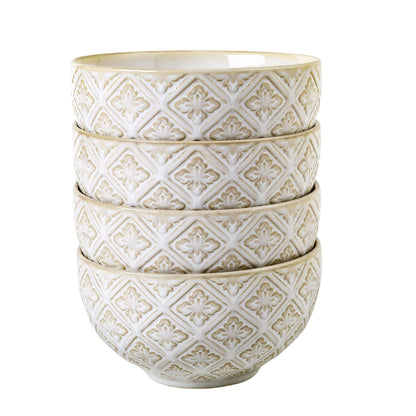 26 Oz Cereal Bowls Set of 4 - Ceramic Soup Bowl for Kitchen, Porcelain Embossed Serving Bowls for Salad, Pho, Breakfast, Ramen, Rice, 6 inch, Dishwasher Microwave Safe, Housewarming Decor