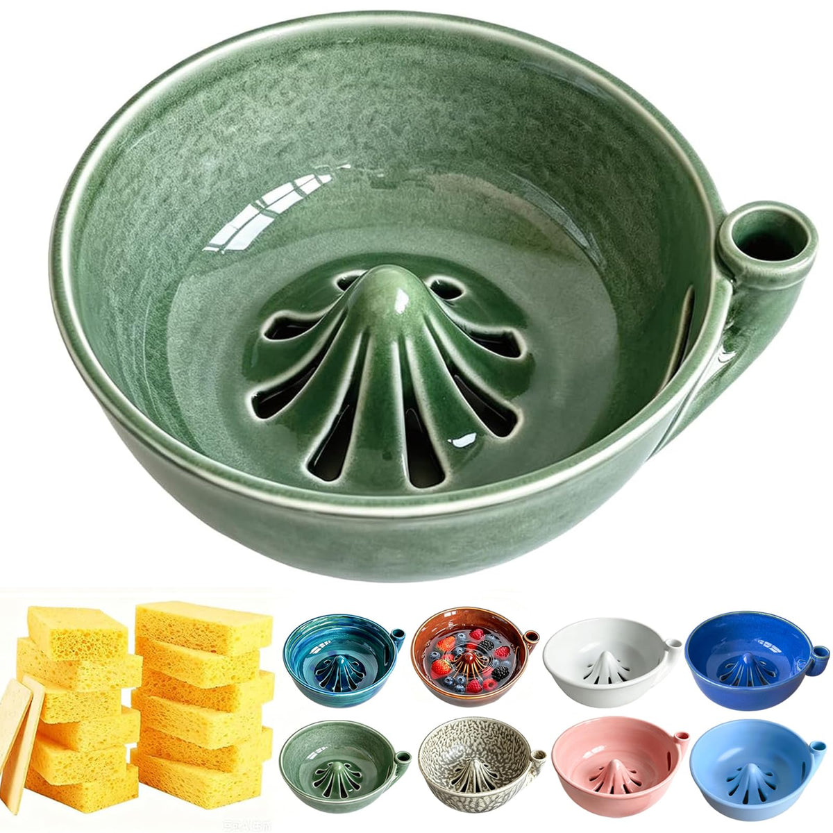 Self Spinning Ceramic Berry Washing Bowl with Drain Holes, 7'' Kitchen Fruit Washer Spinner Bowl with 10pcs Sponges，Blue