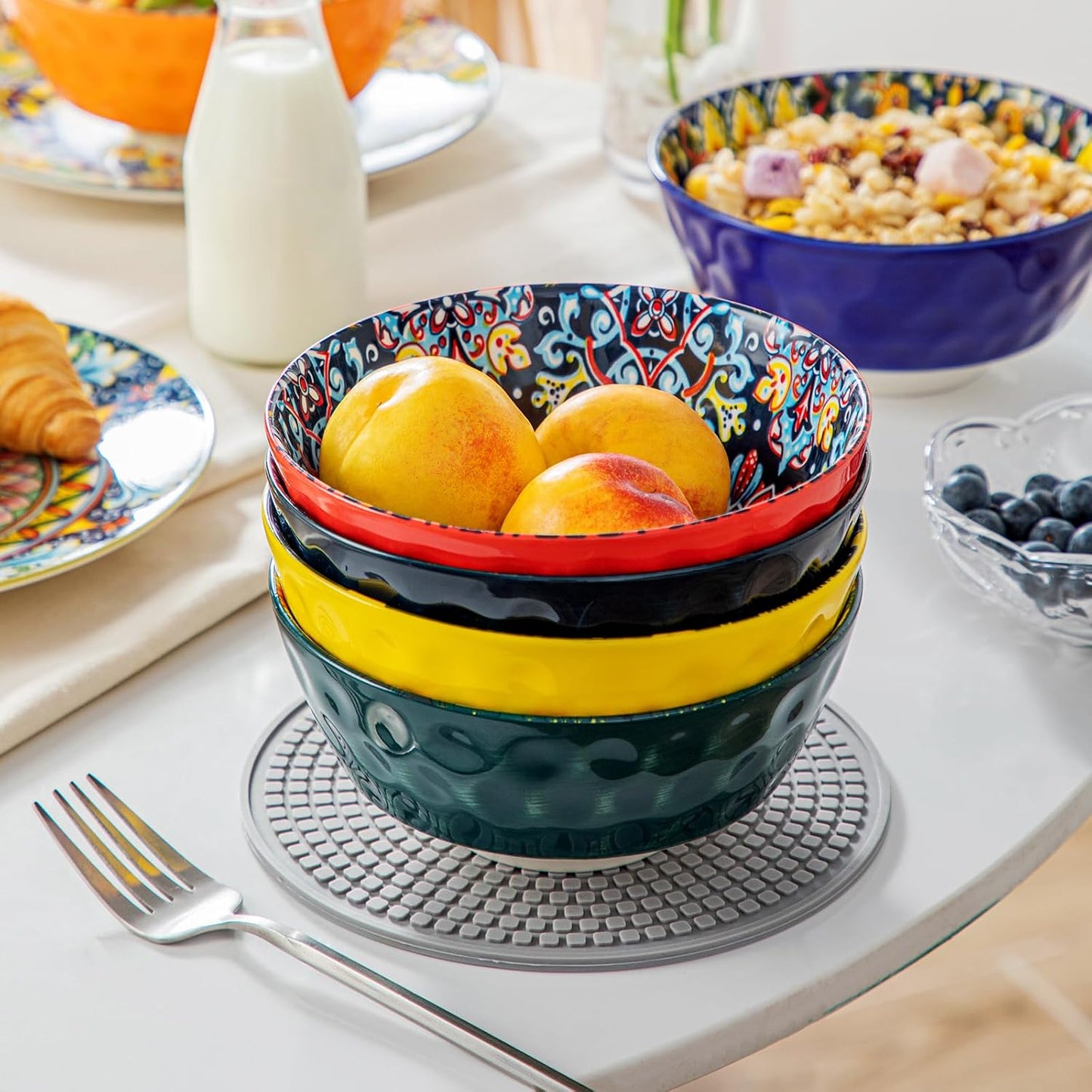 vancasso 26 Oz Ceramic Cereal Bowls Set of 6, Bohemian Soup Salad Bowls | Microwave and Dishwasher Safe, Handcrafted Bohemian Design with Vibrant Glaze, Versatile for Soup, Salad, Pasta, Cereal