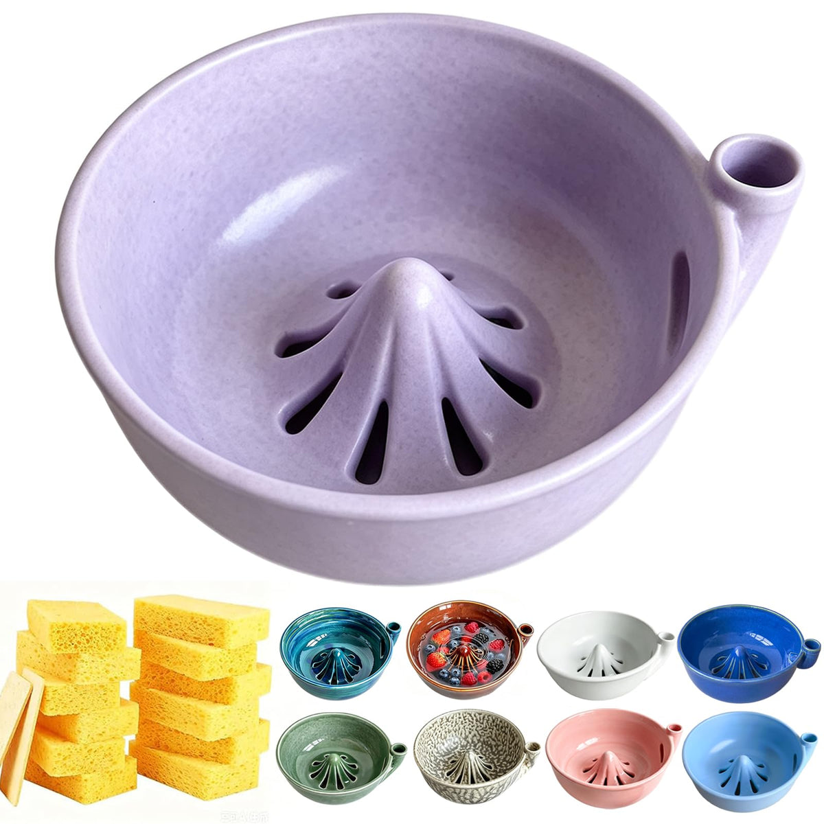 Self Spinning Ceramic Berry Washing Bowl with Drain Holes, 7'' Kitchen Fruit Washer Spinner Bowl with 10pcs Sponges，Blue