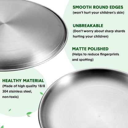 Honeydak 10 Pcs Stainless Steel Plates 8 Inch 304 Metal Dinner Plates Unbreakable Dish Camping Plate Reusable 18/8 Silver Round Plate Non Toxic Dishwasher Safe Double Layers Serving Salad Dessert