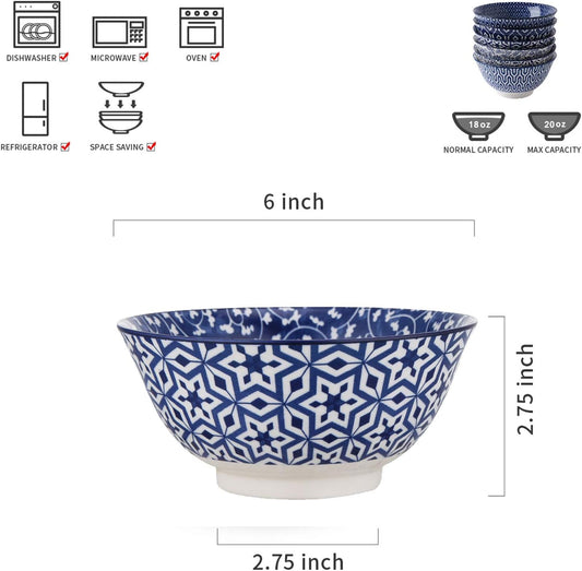 Selamica Blue and White Porcelain 20oz Cereal Bowl Set - Set of 6, 6 inch Soup Bowls, Ceramic bowls for Cereal, Soup, Salad and Pasta, Vintage Blue | Ceramic bowls for Cereal, Soup, Salad and Pasta