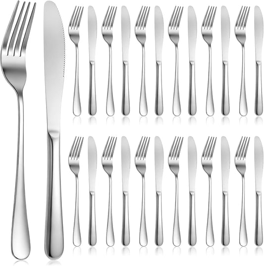 24 Pcs Stainless Steel Silverware Dinner Fork and Knife Set Dinner Forks and Knives Flatware Forks and Knives Set Tableware Cutlery-Set for Home Kitchen Restaurant (8.1X 1 Inch, 8 X 0.8 Inch)