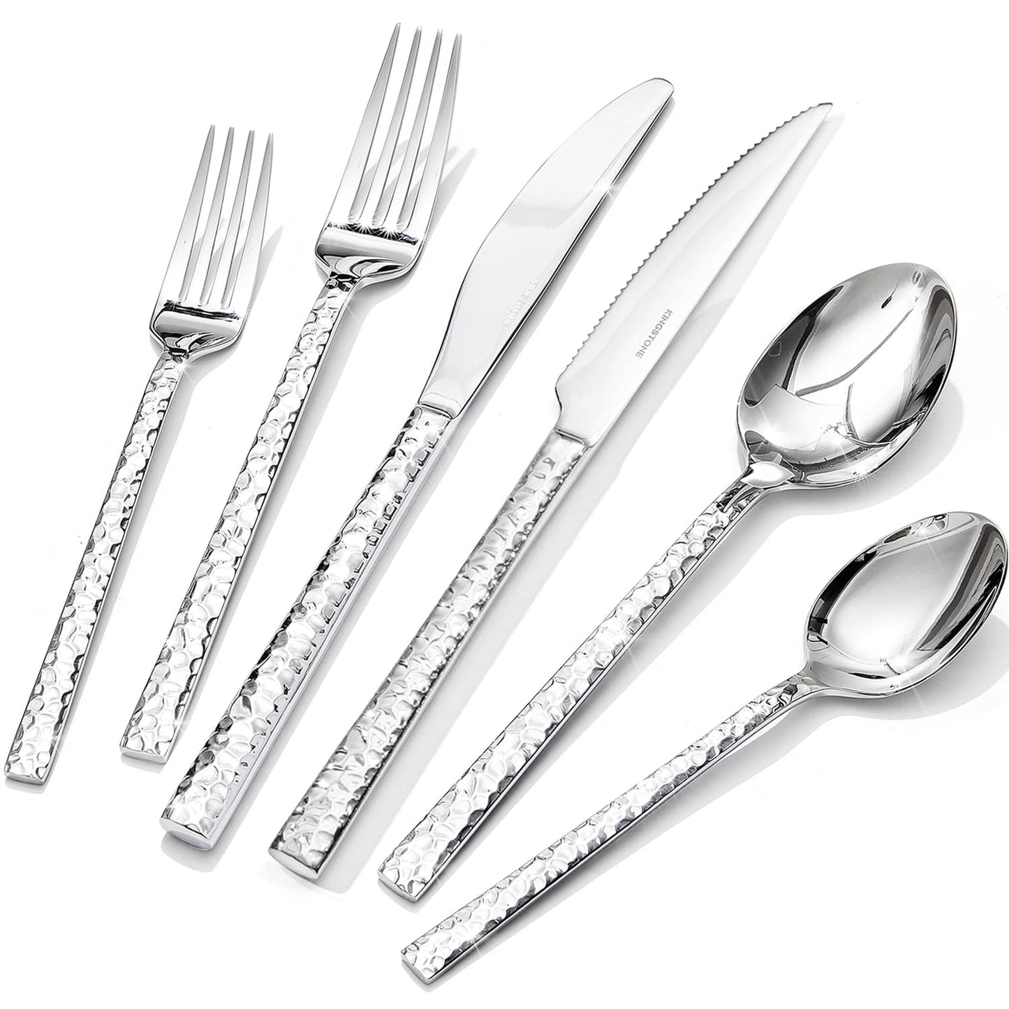 40 Piece Hammered Silverware Set, 18/10 Stainless Steel Flatware Set for 8 | KINGSTONE Mirror Polished Knives Forks Spoons Utensils, Cutlery Set for Home, Party, Wedding, Housewarming, Dishwasher Safe