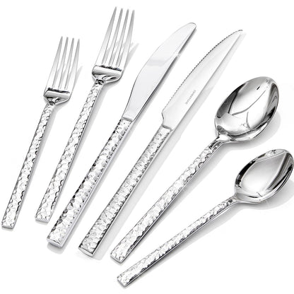 40 Piece Hammered Silverware Set, 18/10 Stainless Steel Flatware Set for 8 | KINGSTONE Mirror Polished Knives Forks Spoons Utensils, Cutlery Set for Home, Party, Wedding, Housewarming, Dishwasher Safe