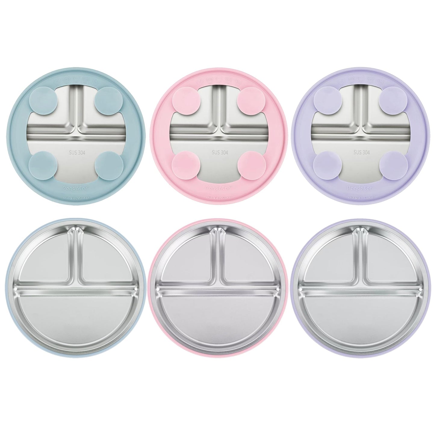 PandaEar 3 Pack Stainless Steel Baby Suction Plates, Divided Toddler Plate for Baby Led Weaning Supplies, Non-Slip Toddler Baby Feeding Set Dishwasher Safe (Blue/Green/Brown)