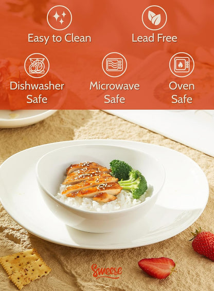 Sweese 18 oz Medium White Porcelain Bowls - Set of 6 Cereal, Soup, Rice & Salad Bowls, Ceramic Serving Bowls for Everyday Use