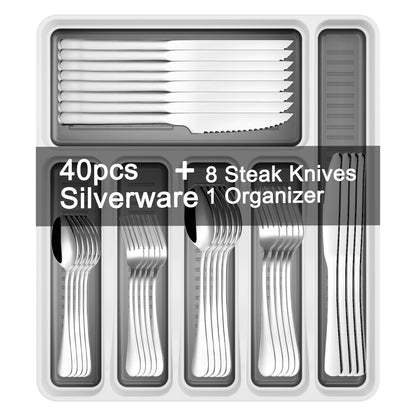49-Piece Silverware Set with Organizer, Stainless Steel Flatware Utensils Set for 8, Forks and Spoons Silverware Set Cutlery Set with Steak Knives, Dishwasher Safe