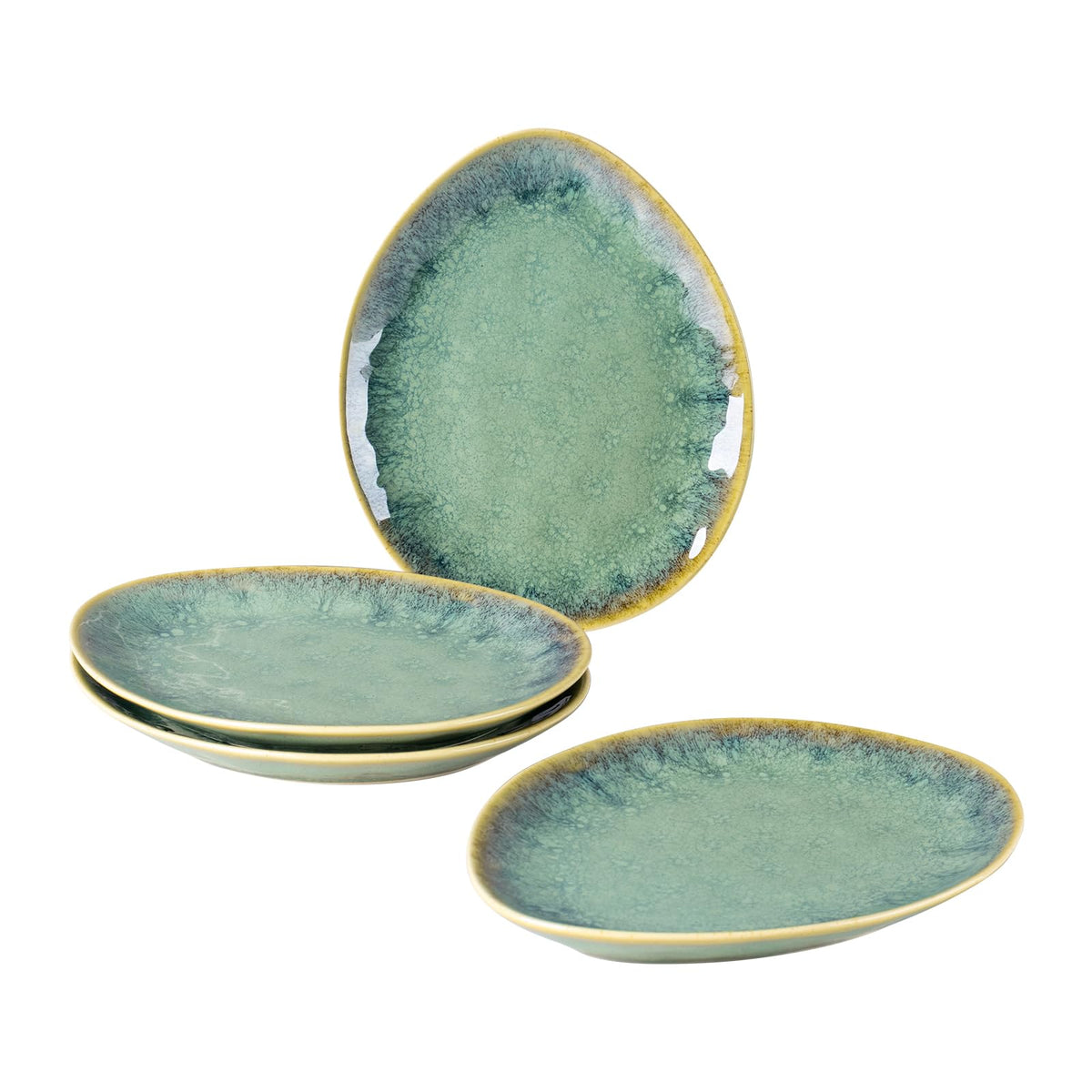 Henten Home Ceramic Dinner Plate Set, 11 Inch Porcelain Pizza, Pasta, Salad Plates, Irregular Shape Steak Plates Set of 4, Stoneware Serving Dishes for Kitchen (Green)