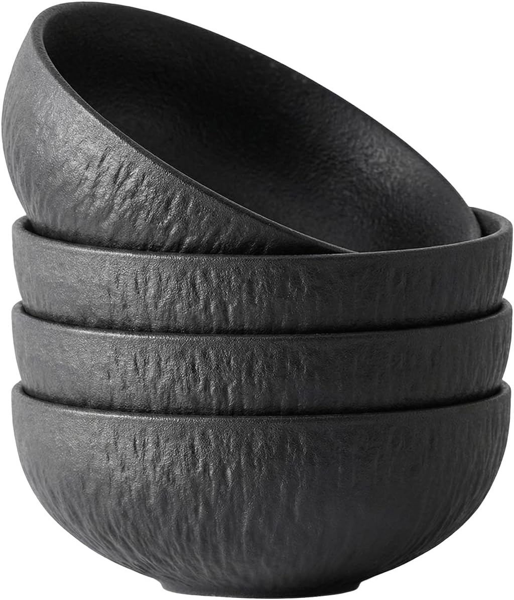Bowl Set of 4, 20.4 oz Matte Marble Pattern Stoneware Soup Bowls | Black Premium Porcelain Cereal Bowls, Ceramic Dinner Bowls for Salad, Dessert, Pasta, Microwave and Dishwasher Safe