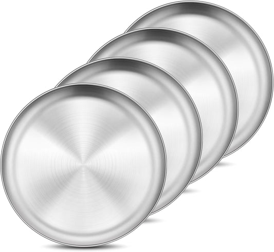 Onader 4-Piece Stainless Steel Plates, 8 Inch 304(18/8) Metal Round Dinner Plate, Kids Toddlers Dishes for Serving, Dishwasher Safe