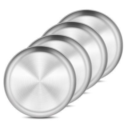 Onader 4-Piece Stainless Steel Plates, 8 Inch 304(18/8) Metal Round Dinner Plate, Kids Toddlers Dishes for Serving, Dishwasher Safe