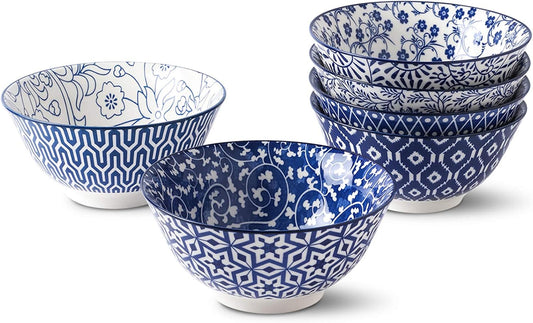 Selamica Blue and White Porcelain 20oz Cereal Bowl Set - Set of 6, 6 inch Soup Bowls, Ceramic bowls for Cereal, Soup, Salad and Pasta, Vintage Blue | Ceramic bowls for Cereal, Soup, Salad and Pasta