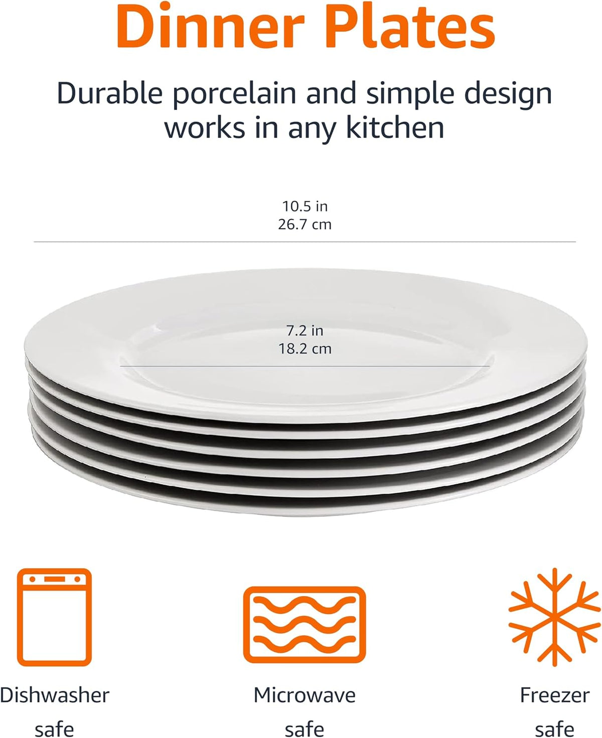 Amazon Basics 6-Piece White Dinner Plate Set, Microwave and Dishwasher Safe for Everyday Use, 10.5 inches