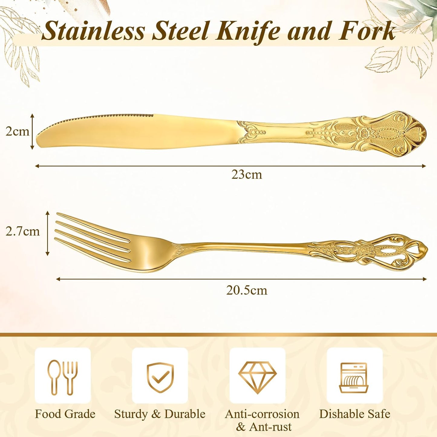 100 Pcs Forks and Knives Cutlery Set Stainless Steel Steak Knives Forks Flatware Royal Silverware Set for Wedding Party Restaurant Dishwasher Safe (Gold)