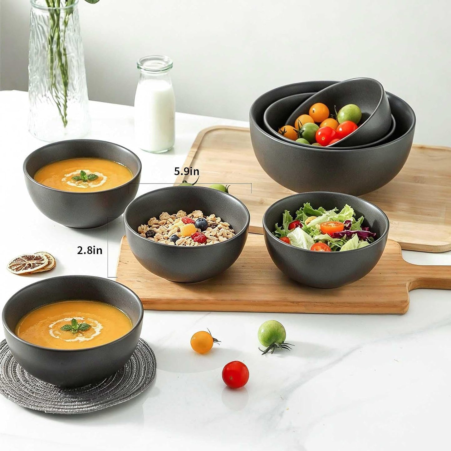 Cereal Bowls, 24 oz Soup Bowls Set of 4, Ceramic Bowls Set for Salad, Fruit, Breakfast, Dessert, Stoneware Bowls for Kitchen, Dishwasher & Microwave Safe, Matte Black
