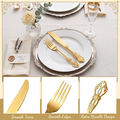 100 Pcs Forks and Knives Cutlery Set Stainless Steel Steak Knives Forks Flatware Royal Silverware Set for Wedding Party Restaurant Dishwasher Safe (Gold)