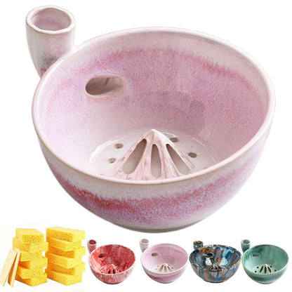 Self Spinning Ceramic Berry Washing Bowl with Drain Holes, 7'' Kitchen Fruit Washer Spinner Bowl with 10pcs Sponges，Blue