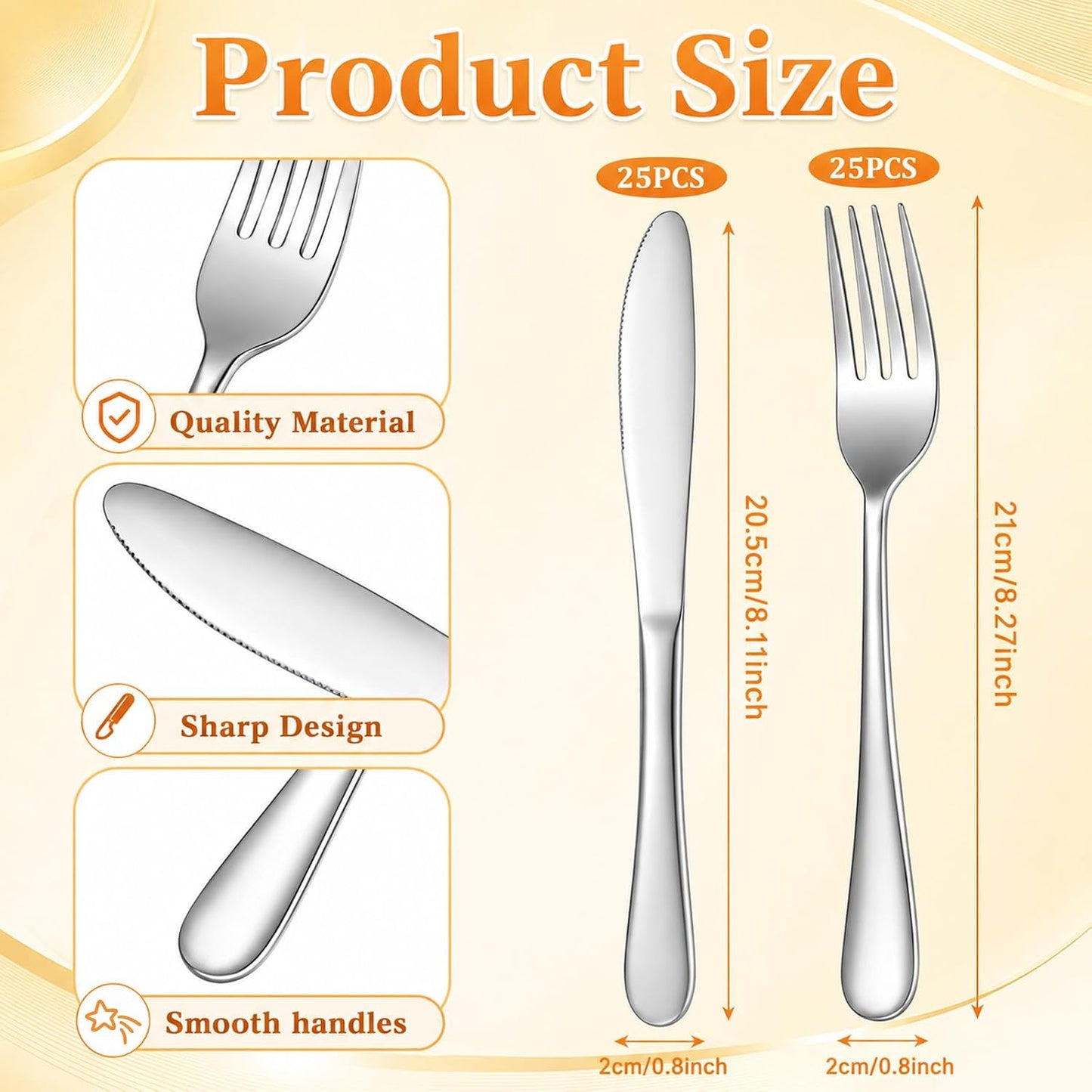 50 Pcs Forks and Knives Set | Stainless Steel Silver Fork and Knife Set for Kitchen Restaurant Home (Fork: 8.27 x 0.79 In, Knife: 8.1 x 0.79 In)