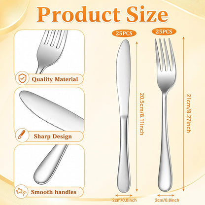 50 Pcs Forks and Knives Set | Stainless Steel Silver Fork and Knife Set for Kitchen Restaurant Home (Fork: 8.27 x 0.79 In, Knife: 8.1 x 0.79 In)