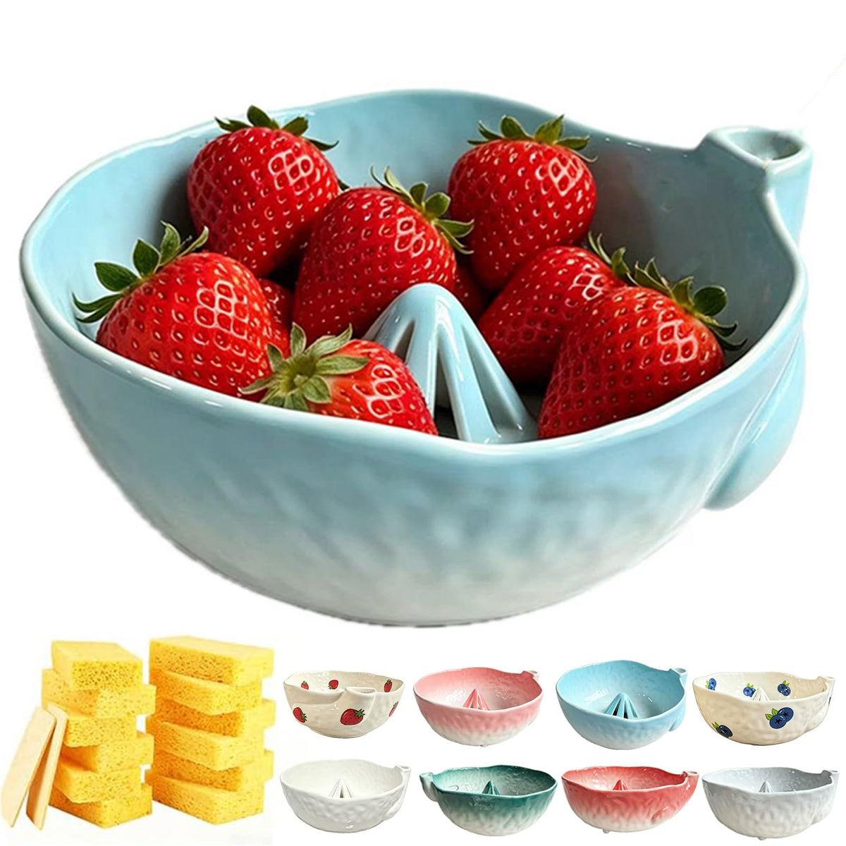Self Spinning Ceramic Berry Washing Bowl with Drain Holes, 7'' Kitchen Fruit Washer Spinner Bowl with 10pcs Sponges，Blue