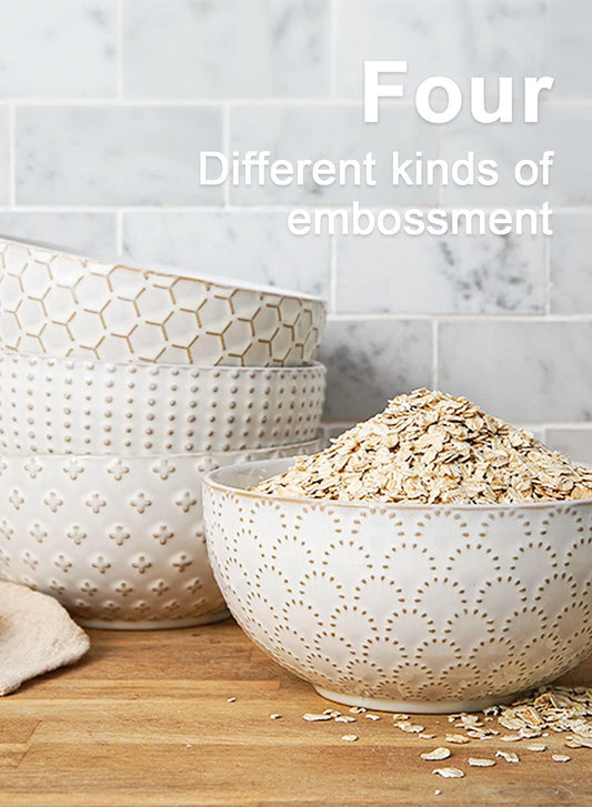 LE TAUCI Cereal bowls 26 oz, Ceramic Soup Bowl for Kitchen, Embossment Stoneware Bowl for Pho, Chip, Fruits, Salad, Noodle, Ramen, Suit For Housewarming - 6 Inch, Set of 4, Arctic white