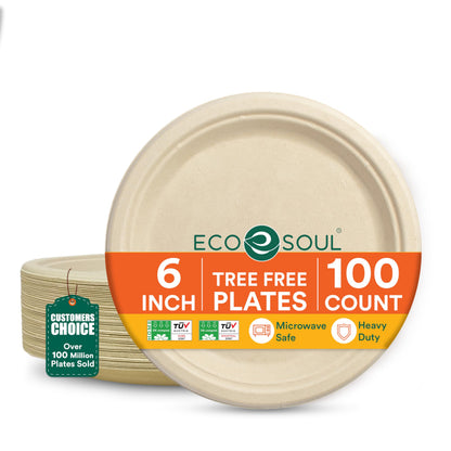 ECO SOUL 9 Inch Disposable Bagasse Paper Plates (100 Pack, Round) | Natural, Compostable, 100% Virgin Bagasse Pulp, Heavy Duty, Biodegradable, Microwave Safe, Food Safe, Eco-Friendly